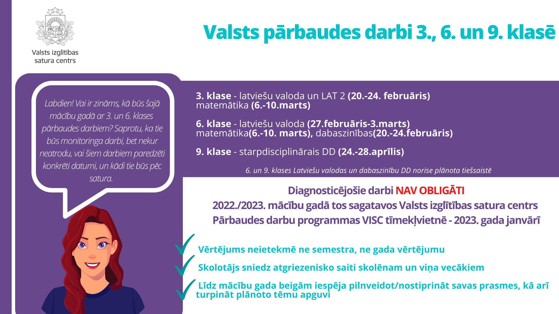 Diagnosticējošie darbi 3., 6., un 9.klasē un valsts pārbaudes darbi 9.klasē