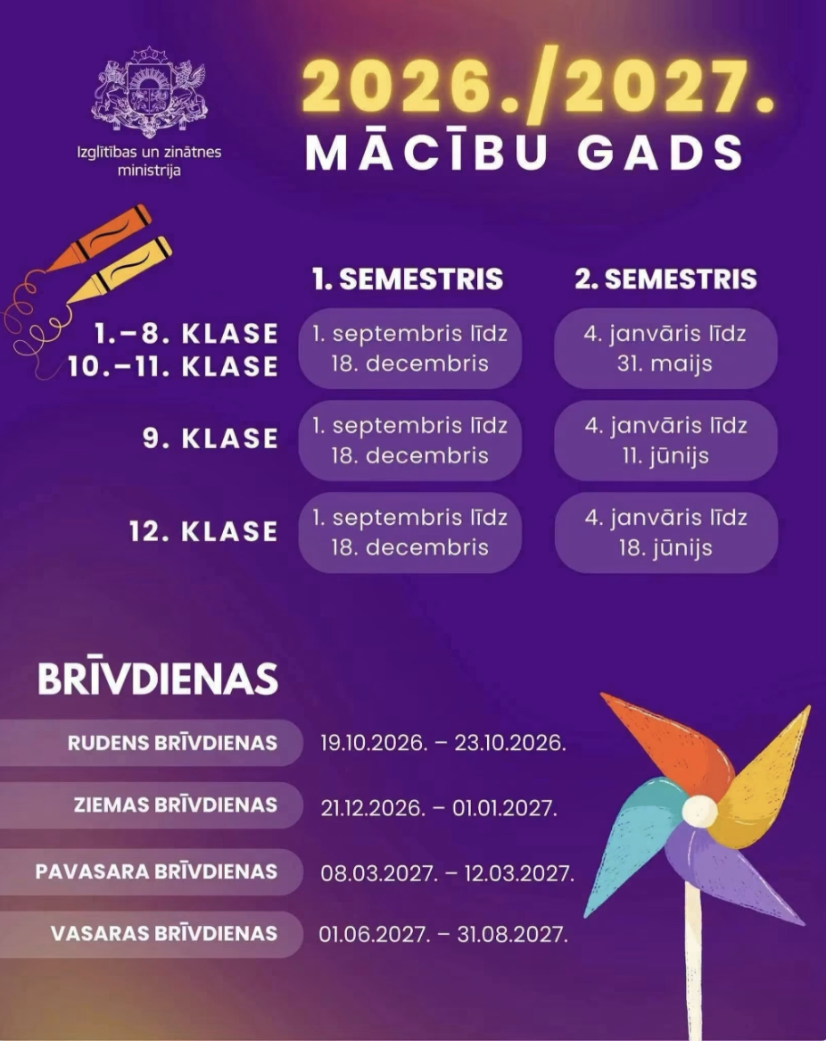 Jaunā mācību gada un mācību semestru sākuma un beigu laiki, kā arī brīvdienu laiki.