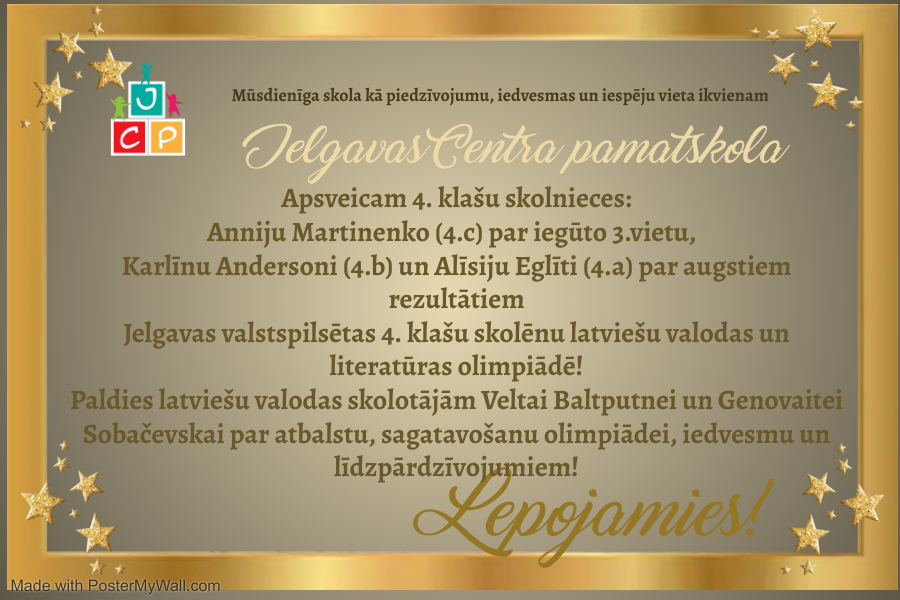 Jelgavas valstspilsētas 4. klašu skolēnu latviešu valodas un literatūras olimpiādes rezultāti. Lepojamies!