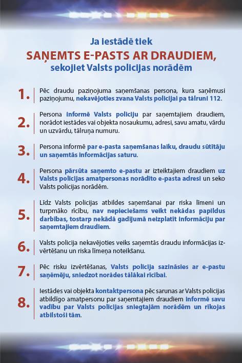 Rīcība gadījumos, kad iestāde saņem e-pastus ar izteiktiem draudiem.